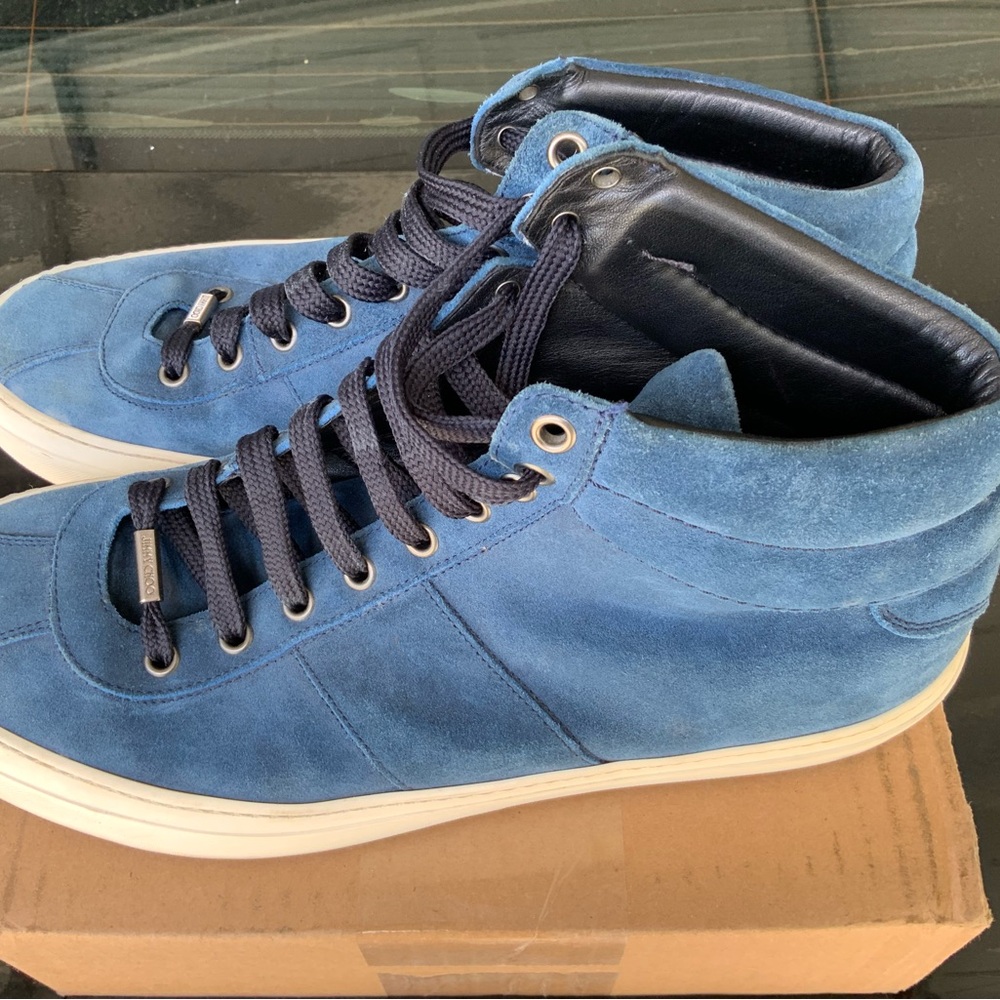 Jimmy Choo Men's Teal-Blue Suede Sneakers with Navy Laces